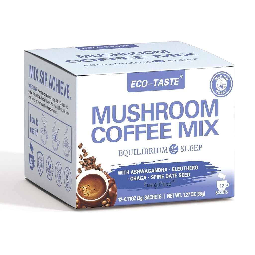 ECO-TASTE Coffee Mix de cogumelos, projetado para equilibrar com Ashwagandha, Eleuthero, Chaga, semente de data da espinha – 12 saquetas