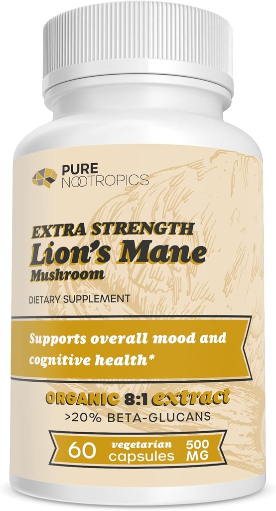 Puro Nootropics - Mane 8:1 Cogumelo 500 mg Extrato duplo , 60 tampas vegetarianas , > 20% beta-glucanos , Hericium erinaceus , Saúde do cérebro