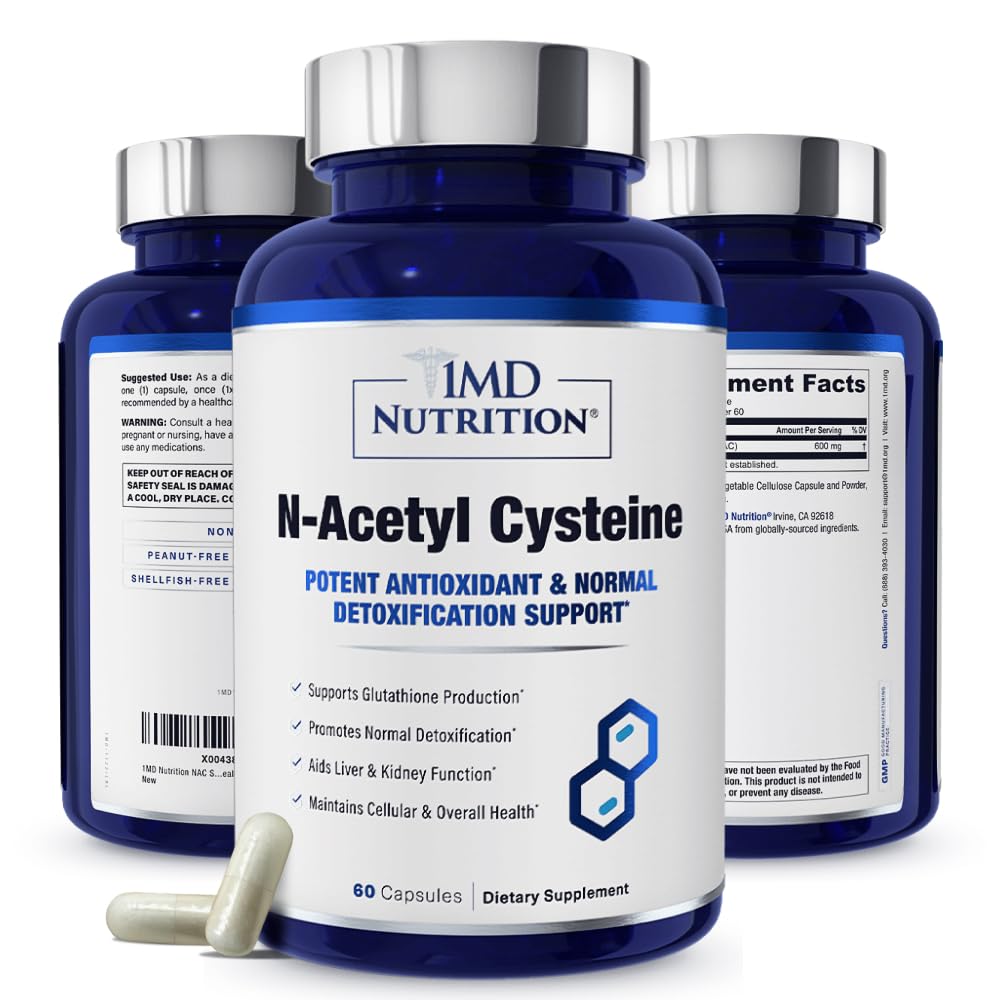 1MD Nutrition NAC Supplement N-Acetil Cysteine - NAC 600 mg - Antioxidante Suporta Produção de Detox e Glutationa - N Acetilcisteína Suplemento Respiratório para Saúde Pulmonar - 60 Cápsulas