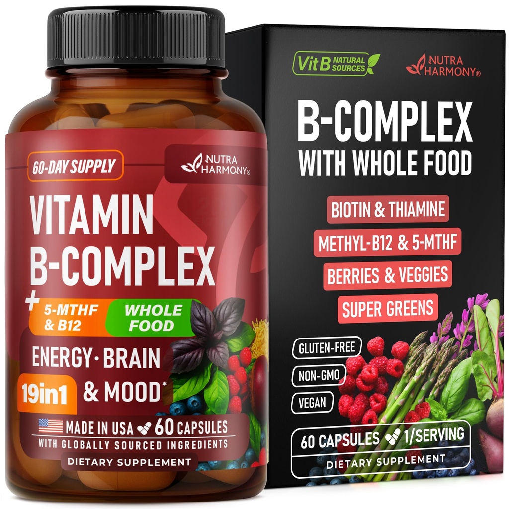 Complexo de Vitamina B - B1 - B2 - B3 - B5 - B6 - Biotina - B12 - 5-MTHF - Astragalus & Toda a mistura de alimentos - Energia, Metabolismo & Cérebro - Vitaminas B para Mulheres e Homens - Made in USA - 60 Cápsulas, 60 dias de fornecimento