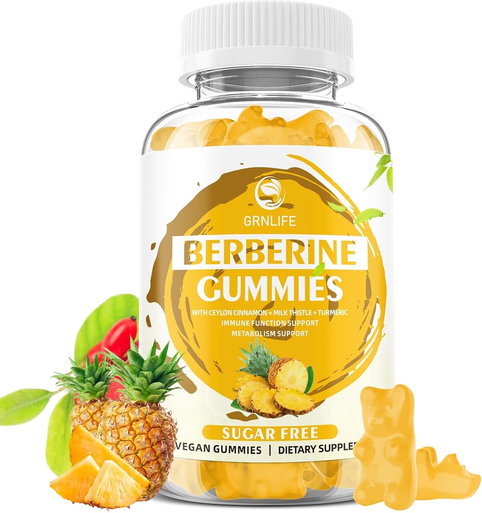 Gummies Berberine com canela de ceilão 1500mg Suplemento Berberine de alta potência HCL para apoio imune e metabolismo, Açúcar livre, sabor abacaxi - 60 Contagem
