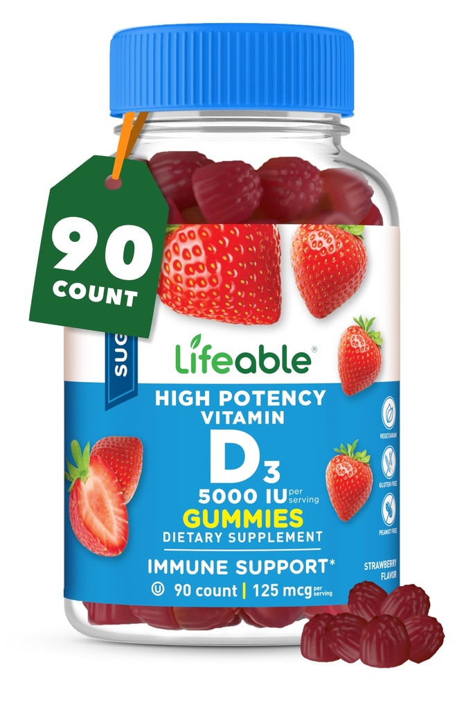 Vitamina D 5000 UI livre de açúcar vitalável - Grande sabor sabor natural Gummy Suplemento - Gluten Free Vegetarian GMO-free mastigável - para apoio imunológico e saúde óssea - para adultos - 90 chicletes
