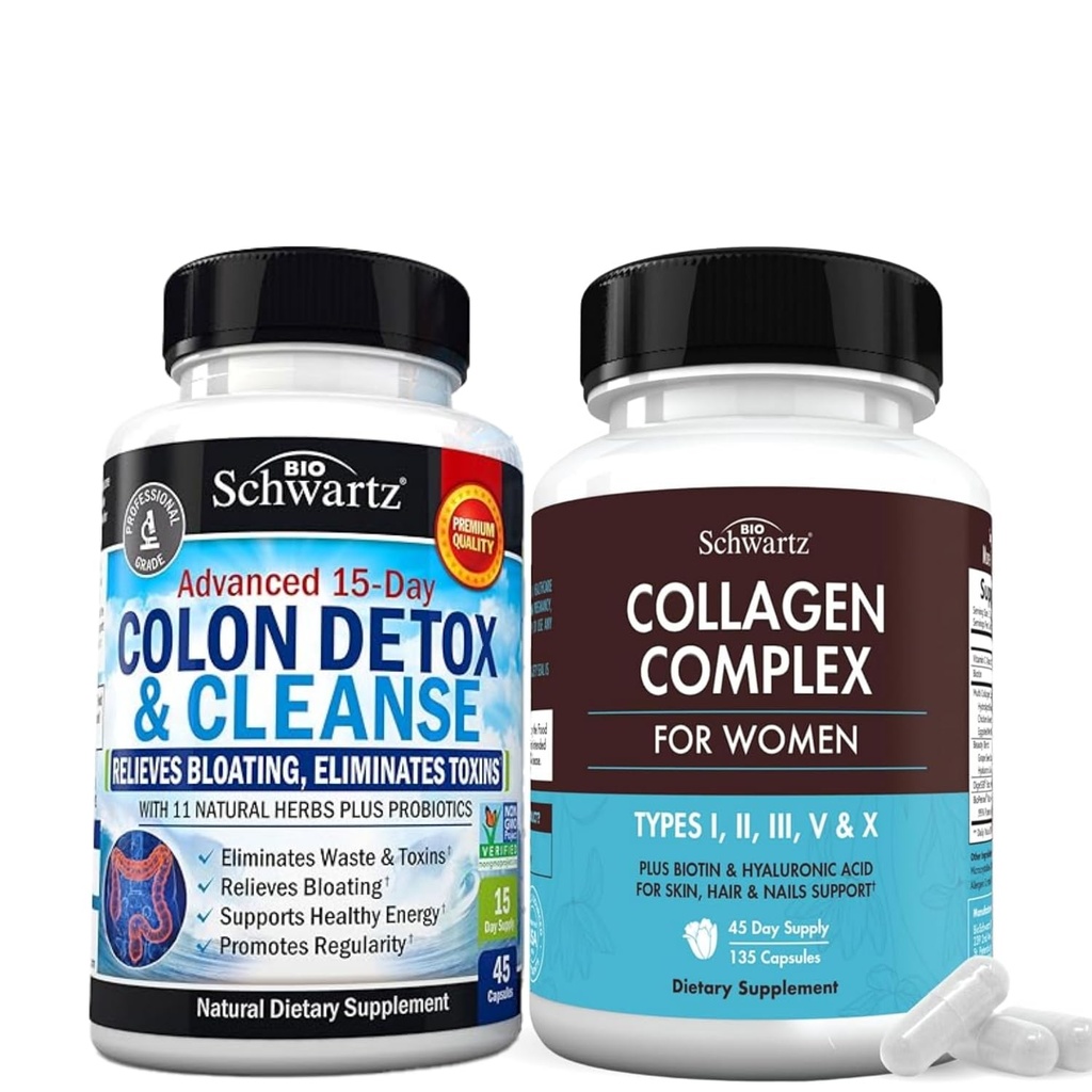 BioSchwartz 15 Day Cleanse para Colón e Gut Health Plus Cápsulas hidrolisadas de Colágeno Peptídeo (fornecimento de 45 dias)