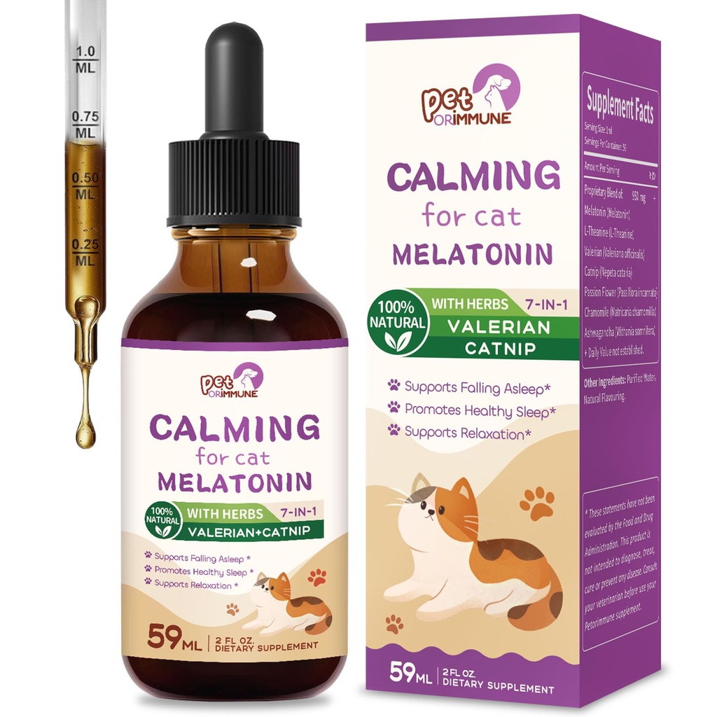 Cat Melatonin Natural Calming Drops, Apoio Caindo Dormir e Sono Saudável, Extrato de ervas de relaxamento Suplemento com L-Theanina, Valerian, Catnip, Paixão Flor e Camomila. 2 onças