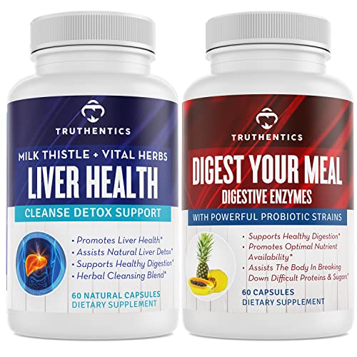 VERTENTICS Fígado Saúde e Enzimas Digestivas Bundle - Suporte para limpeza do fígado Detox, Digestão, Absorção de nutrientes, Gás ocasional e Bloating - Gluten Free, Non-GMO