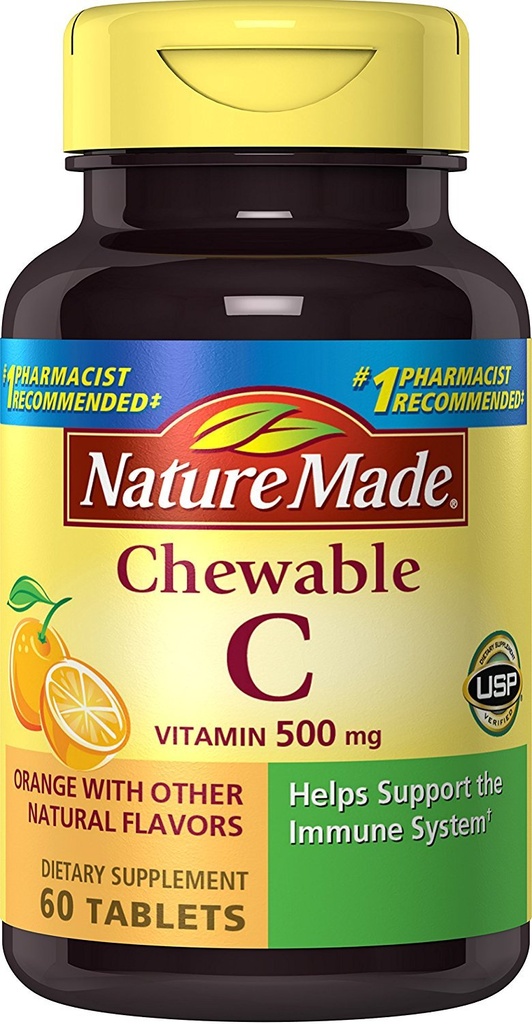 Vitamina C mastigável da natureza 500 mg comprimidos, 60 contagem para ajudar a apoiar o sistema imunológico (Pack de 3)