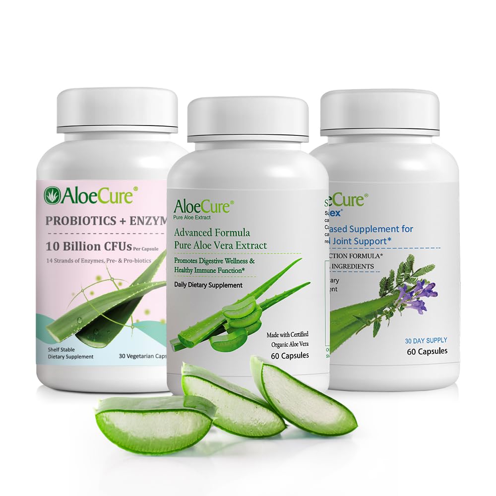 AloeCure Organic Aloe Vera Cápsulas Pacote - 3 Peças - VeraFlex, Aloe Vera Cápsulas, Probióticos + Enzimas