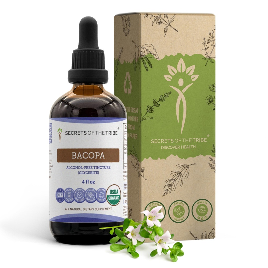 Bacopa USDA Orgânico Extrato Livre de Álcool, Gotas de Ervas de Alta Potência, Relaxamento, Efeito Cognitivo Positivo