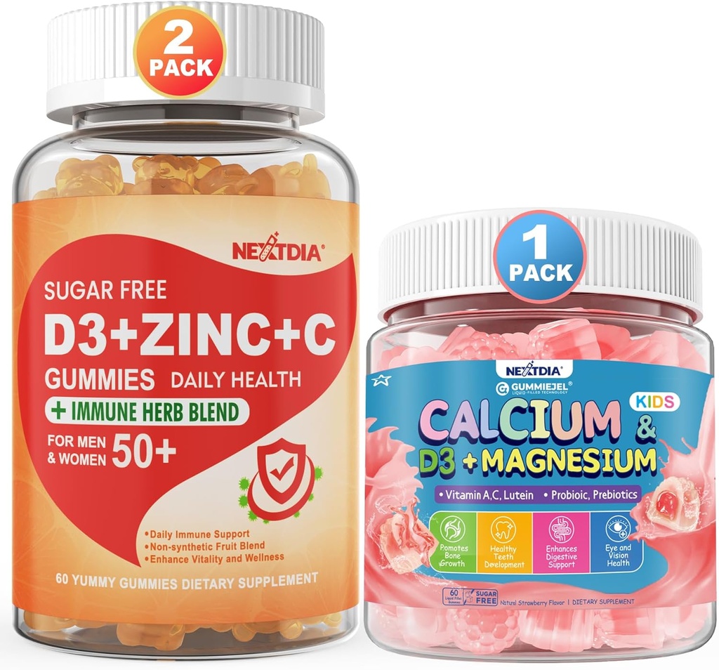Vitamina C + D3 sem açúcar + gomas de zinco para adultos 50+ e cálcio + pastilhas de magnésio para crianças 4+
