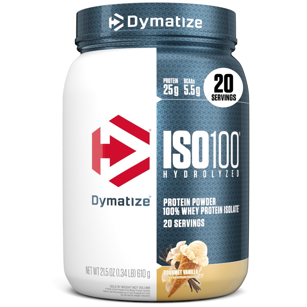 Dymatize ISO100 Whey Protein Powder Isolate, Gourmet Vanilla, 25g de proteína, 5,5g BCAAs, Menos de 120 Cal., Gluten Free, 1g Fat, 1g Sugar, 2g Carb (20 Servings)