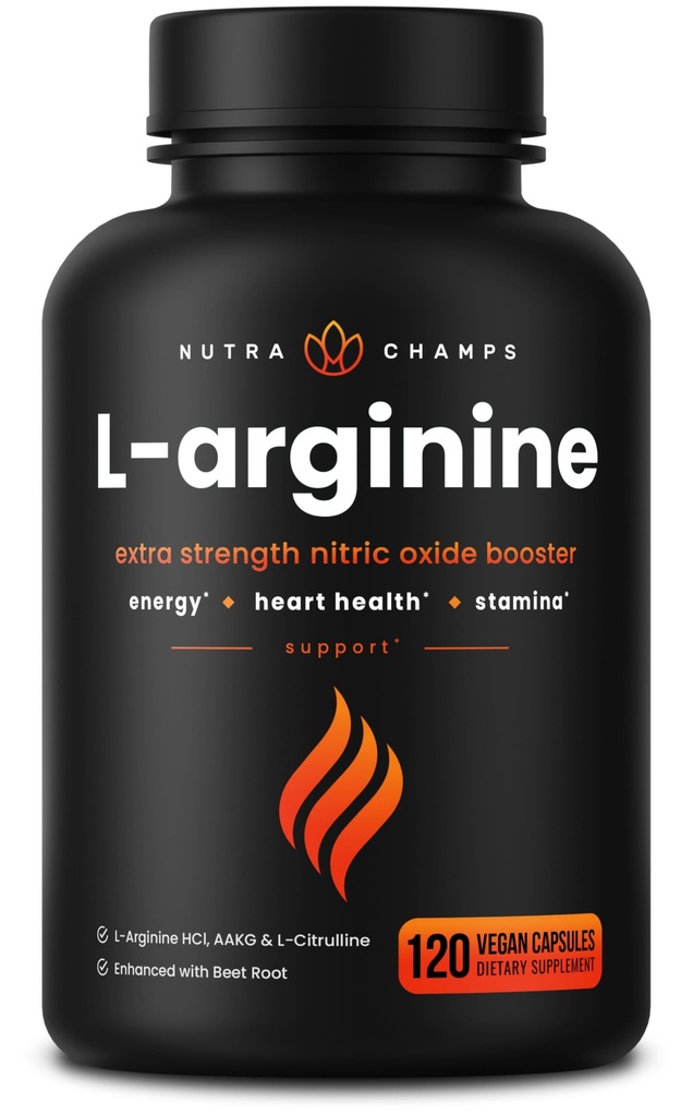 NutraChamps L-Arginina Suplemento 1000mg + L-Citrulina 250mg & Raiz de beterraba – impulsionador de óxido nítrico para a saúde do coração, energia e resistência – Complexo Aminoácido de força extra – 120 Cápsulas Vegan