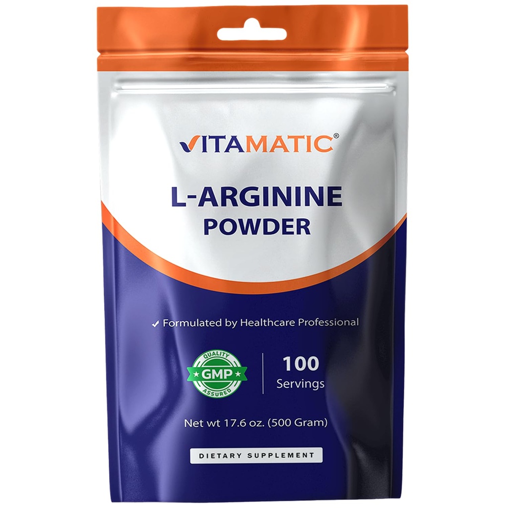 Vitamatic L-Arginina Pure Powder 500 Gram , sem sabor , não OGM , sem glúten , sem aditivos , 5000mg por serviço , 100 Servings