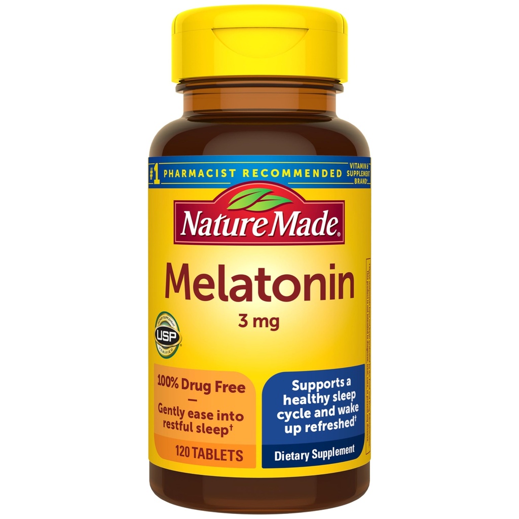 Natureza Made Melatonina 3mg Sono Aids para Adultos, 100% Droga Livre Sono Aid, Suplementos Sono, 120 comprimidos, 120 dias de fornecimento