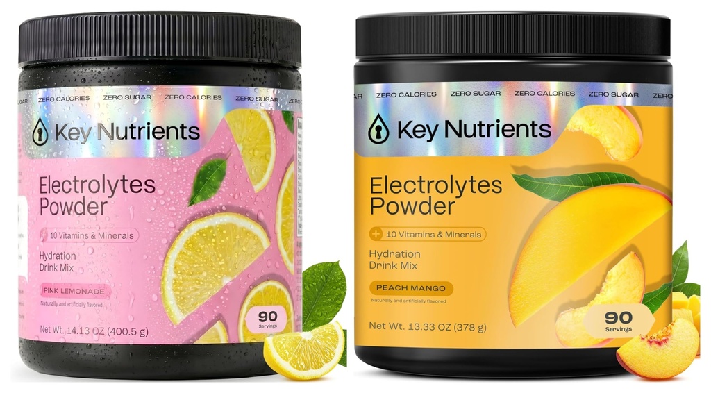 KEY NUTRIENTS Ultimate Hydration & Recovery Electrolyte Bundle – Manga de pêssego tropical e limonada rosa fresca, sem açúcar, 90 Servings cada
