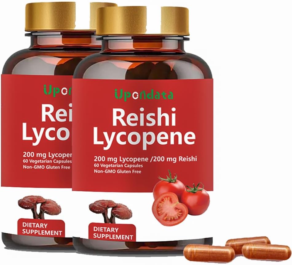 Cápsulas de Licopeno, Licopeno Natural 200mg com Cogumelo Orgânico Reishi 200mg Suplemento para Saúde da Próstata e Suporte Imune - Sem Glúten, Não-GMO, 60 Cápsulas (2 Embalagem)