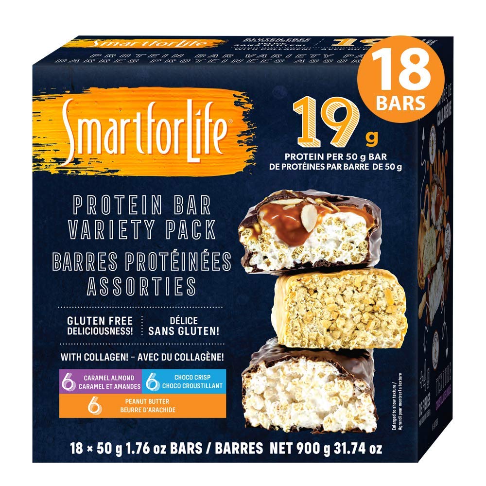 Inteligente para a vida - Alta proteína, Low Sugar Bar Variety Pack, Almond sem glúten de caramelo, Chocolate & manteiga de amendoim Chocolate Crunchy Bares de substituição de refeições Funciona com Cookie Diet Non-GMO 18ct