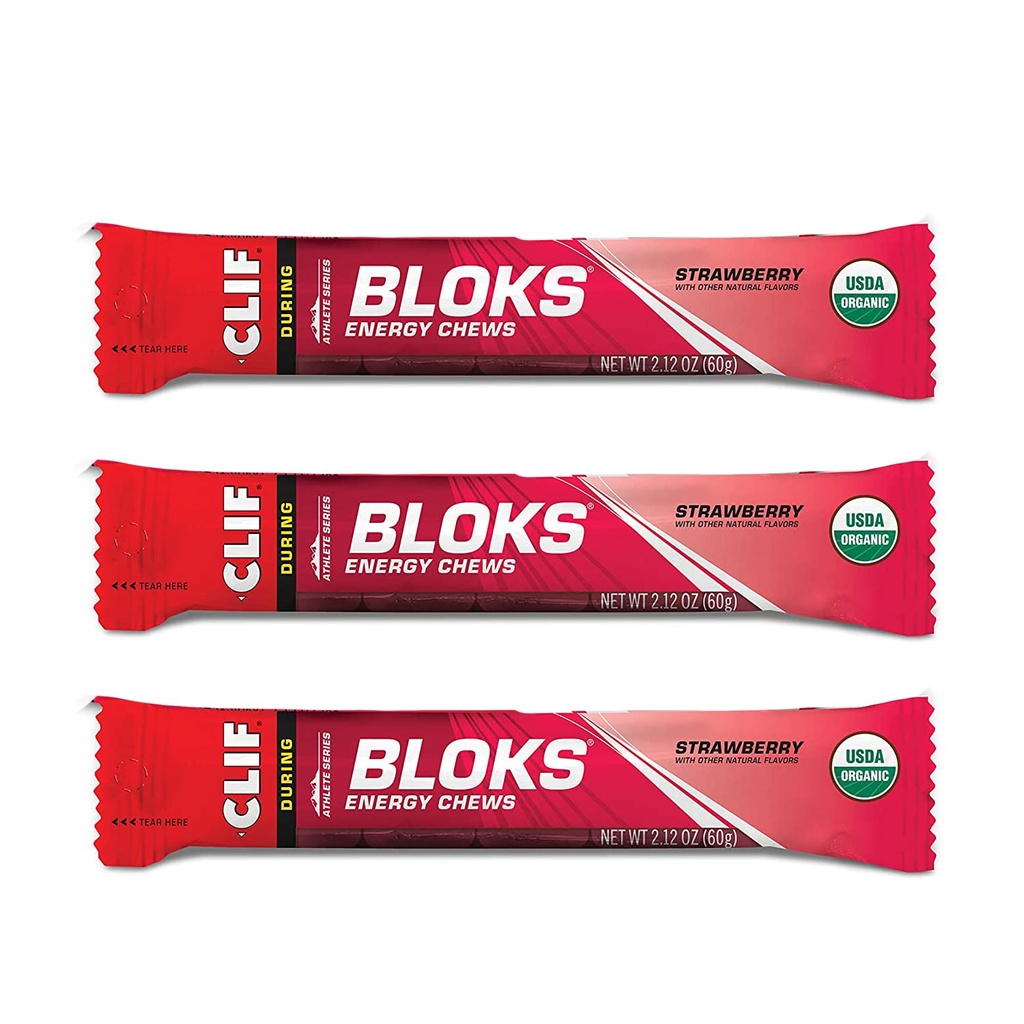 CLIF BLOKS - Energy Chews - Strawberry- Non-GMO - Alimentos à base de plantas - Combustível rápido para Ciclismo e Runing-Workout Snack (2,1 Ounce Packet, 3 Count)