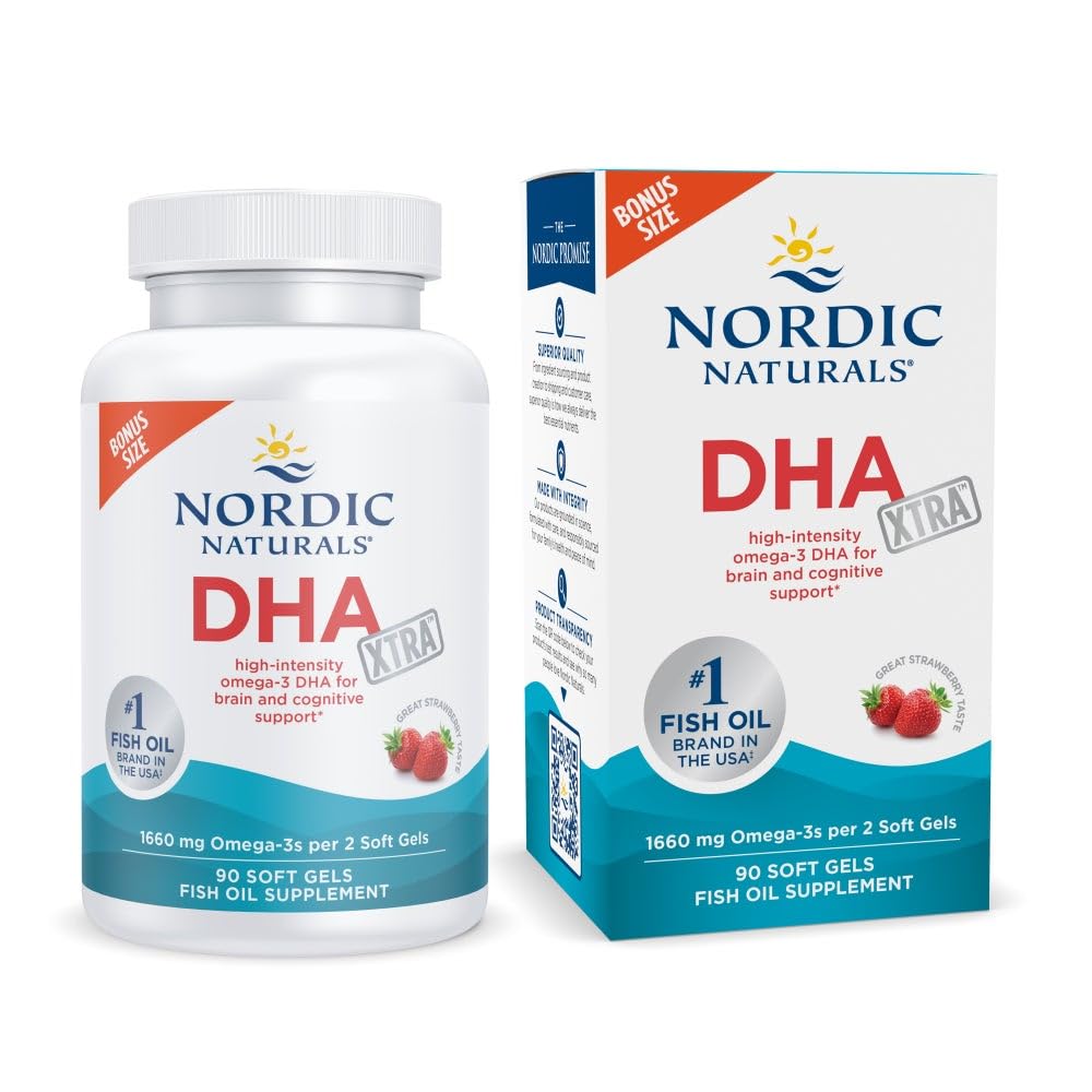 Naturals nórdicos DHA Xtra, Morango - 90 Gels macios - 1660 mg Omega-3 - Fórmula DHA de alta intensidade para suporte ao cérebro e sistema nervoso - Não-GMO - 45 Servings