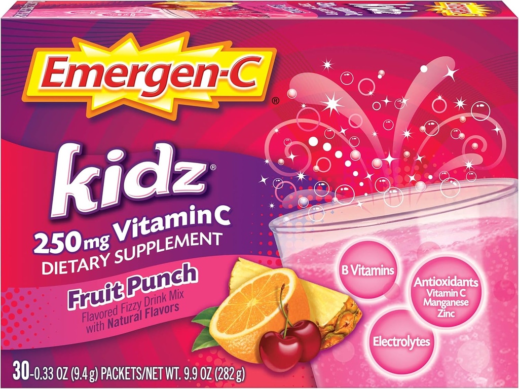 Emergen-C Kidz 250mg Crianças Vitamina C em pó, Cafeína grátis, Imune Support Drink Mix, Fruit Punch Flavor - 30 Contagem/1 Mês Fornecimento
