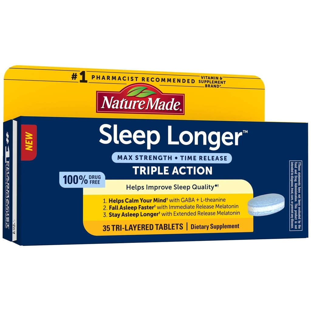 Nature Made Sleep Longer, Melatonina 10mg Time Release Tri-Layer Tablets, Ajuda a melhorar a qualidade do sono, cair dormir mais rápido, ficar dormindo mais longo, L-Theanina e GABA para ajudar a acalmar sua mente, 35 Tablets