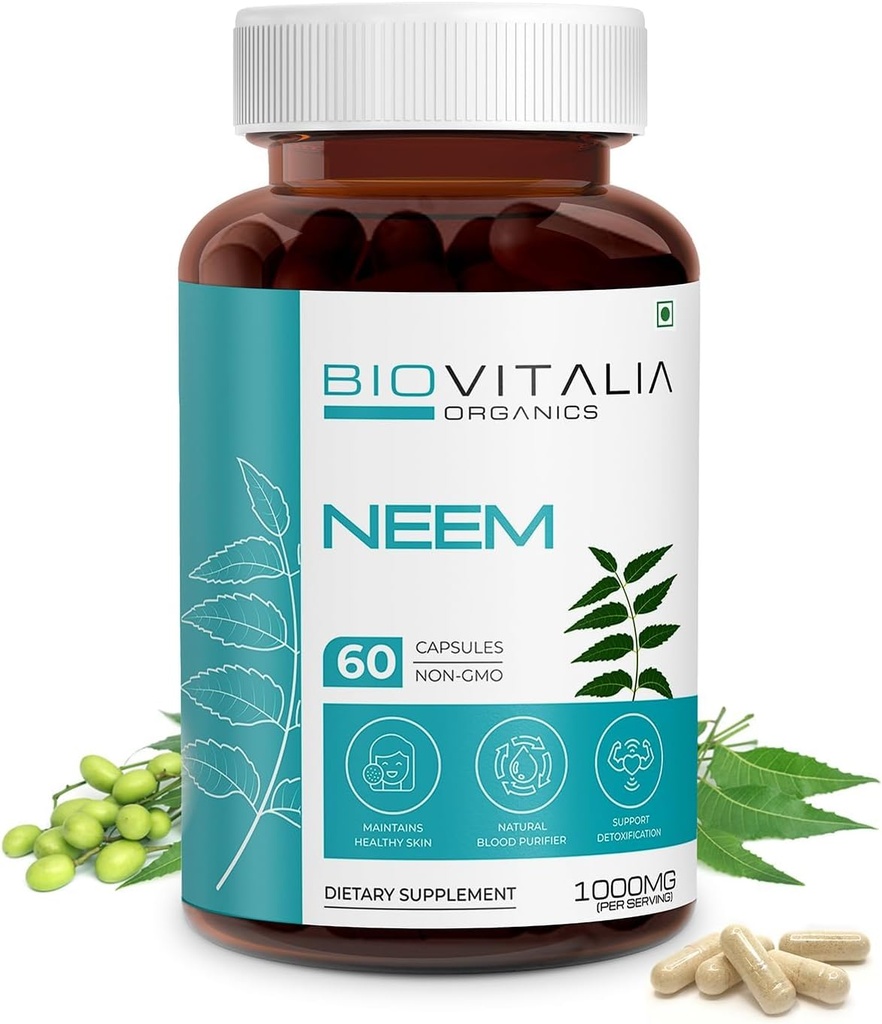 Biovitalia Plant Based Neem 1000mg Cápsula para Homens e Mulheres □ Suplemento dietético □ Suporte saudável & Promover a desintoxicação - 60 Cápsulas Vegan
