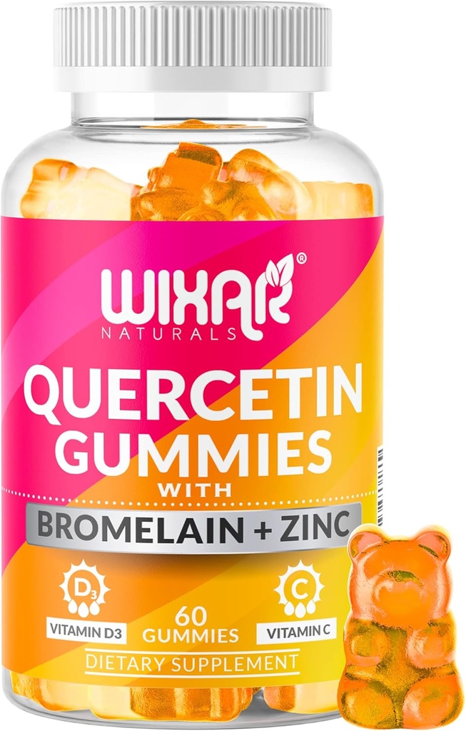 Quercetin Gummies - Quercetin 500mg com bromelaína, zinco, vitamina C&D3 - Quercetin Gummy Supplements para suporte imunológico e alergia - Immunity Booster Vitaminas Supplement – 60 Chewable