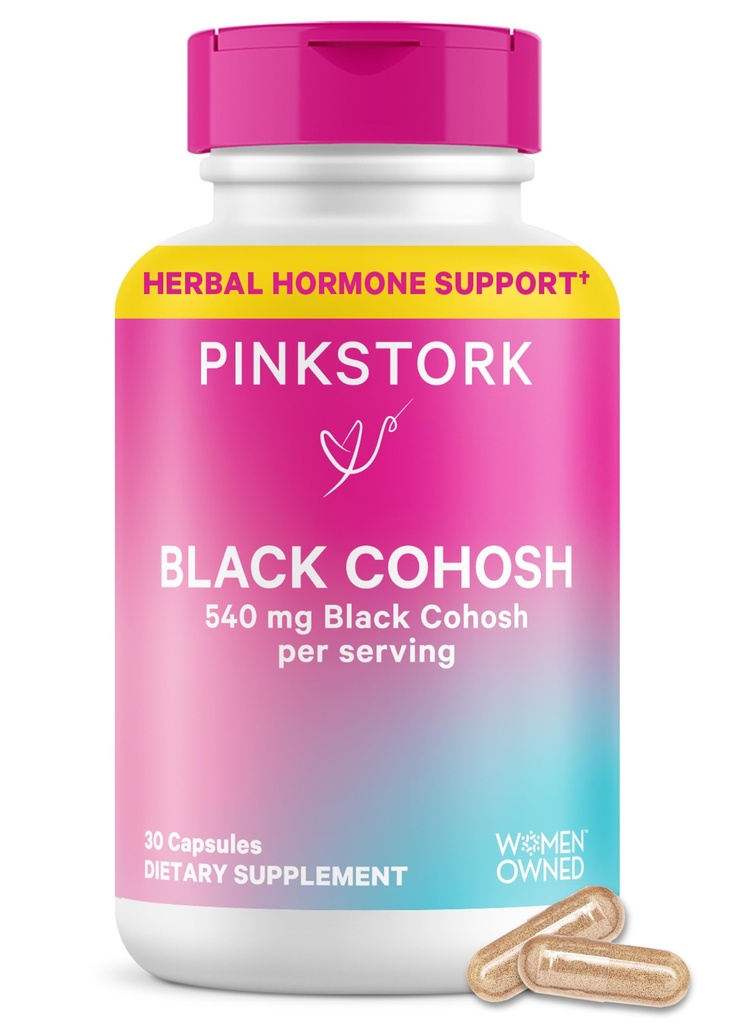Pink Stork Black Cohosh Supplements for Women - 540 mg Pure Black Cohosh for Perimenopausause, Suporte para Menopausa - 30 Cápsulas