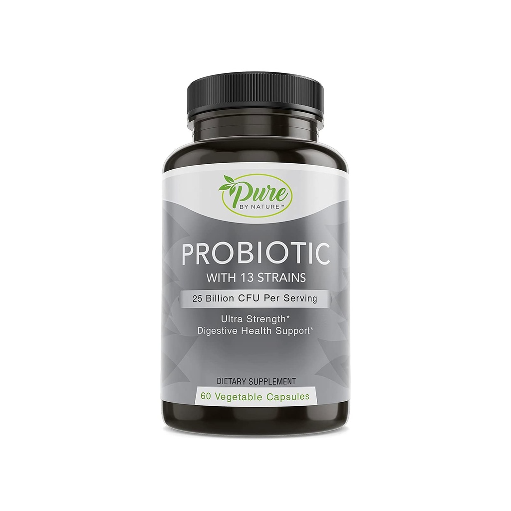 Pure By Nature Probióticos para Mulheres e Homens, 13 Strains com 25 bilhões de UFC, Probióticos para Saúde Digestiva, Gut Health, Suporte imunológico, Bloating & Obstipação, Vegan & Prateleira-estável, 60 Cápsulas