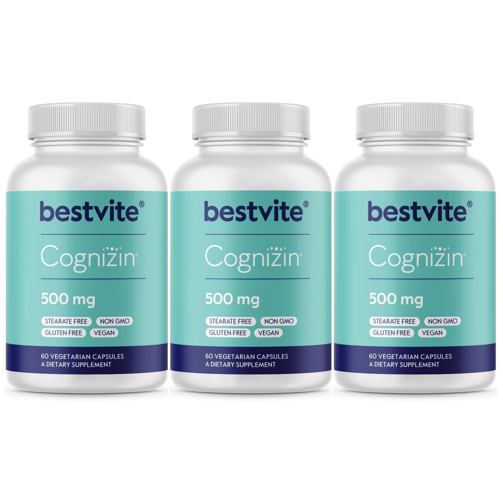 BESTVITE Cognizin Citicoline 500mg (180 Cápsulas vegetarianas) (60x3) - Clinicamente Estudado Premium Choline Nootropic - Sem Stearates - Vegan - Sem glúten - Suplementos cerebrais para memória e foco