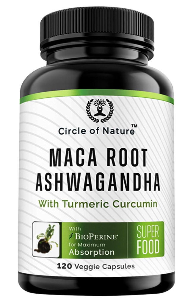 Maca Root, Ashwagandha Root Extract, Cápsulas para Homens e Mulheres com Curcumina Açafrão e Bioperine 120 Cápsulas Made in USA
