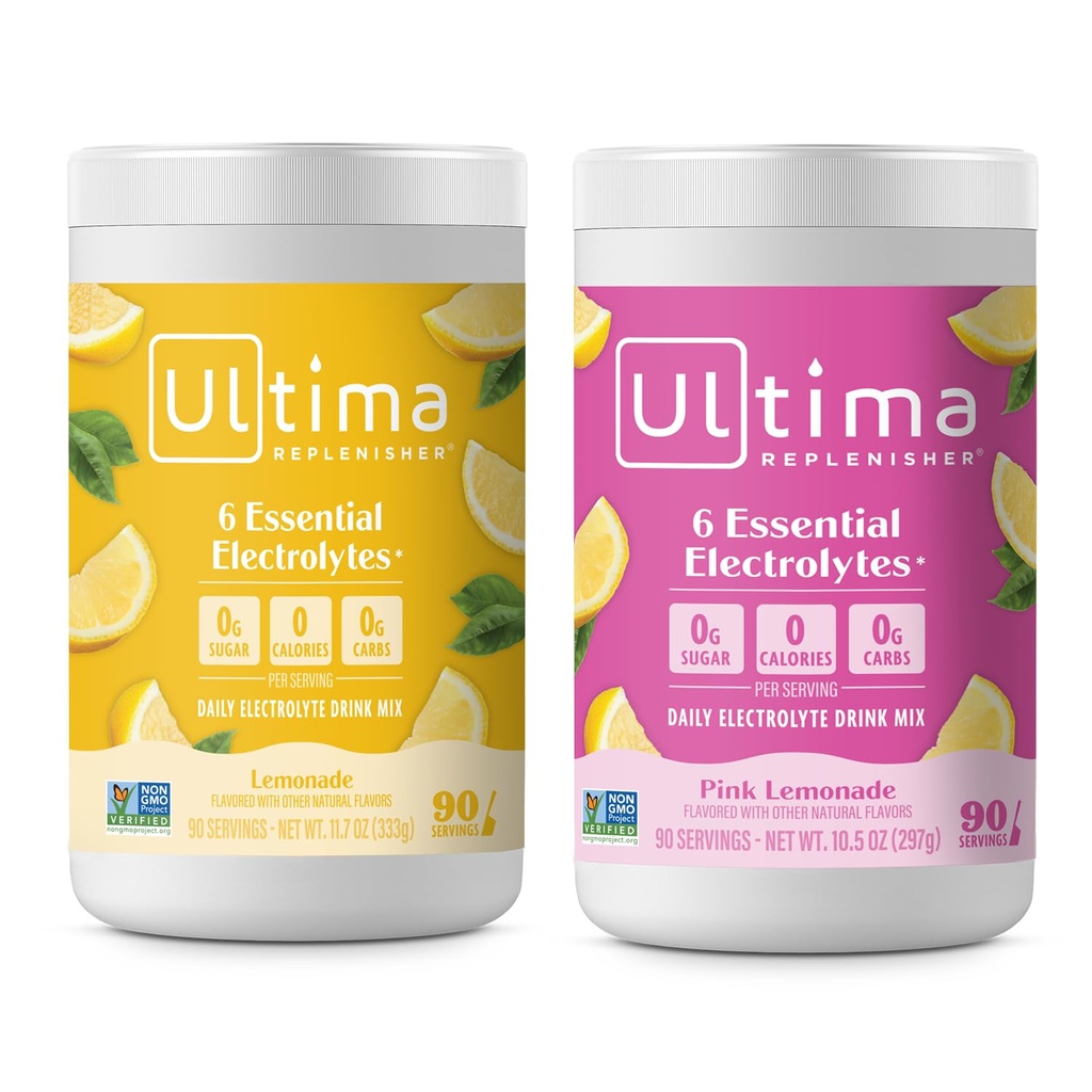 Ultima Replenisher Electrolyte Powder Drink Mix Bundle – Açúcar Grátis – Limonada e Limonada Rosa, 90 Servings– Hydration Powder - 6 Eletrolytes Key e Trace Minerals – Keto Friendly, Non-GMO