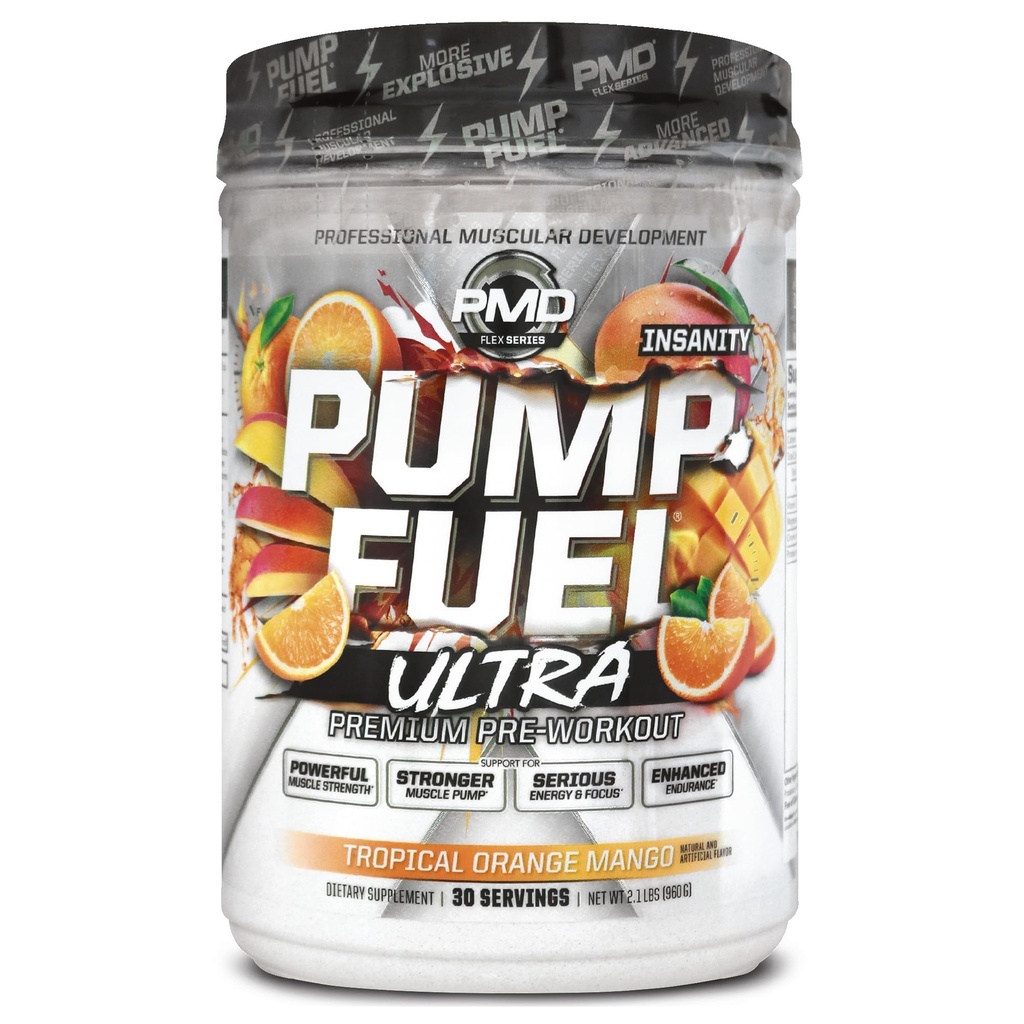 PMD Sports Pump Fuel Ultra Insanity - Bomba pré-treino Premium em pó e músculo, maior foco, resistência e recuperação, Creatina Premium, Arginina e Beta Alanine, manga de laranja tropical (30 Servões)