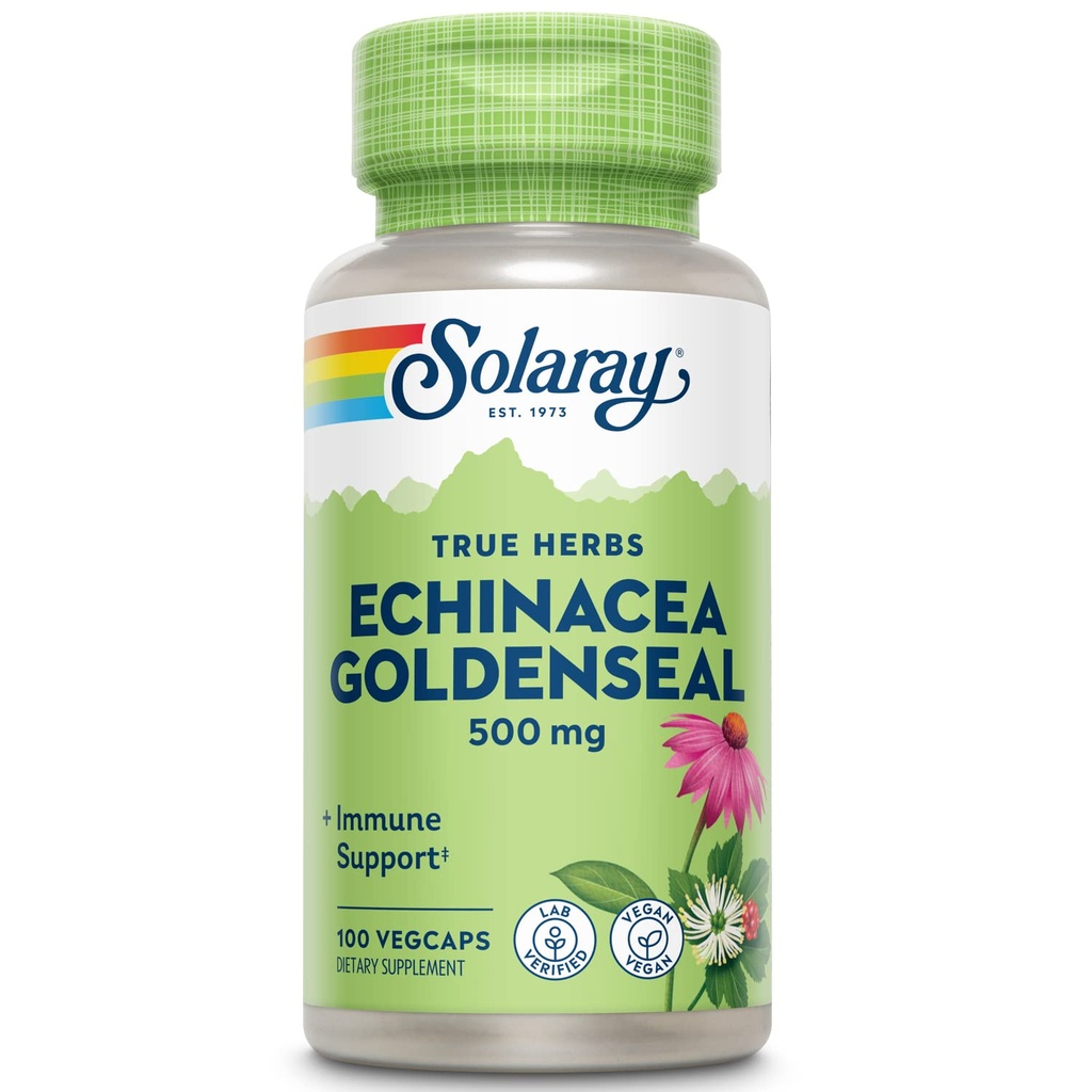 SOLARAY Echinacea Goldenseal - mistura poderosa de dois suplementos de ervas para o apoio ao bem-estar - 250mg Ea Echinacea raiz e Goldenseal raiz - não OGM, Vegan, Gluten Free, 60-Day Garantia, 100 Servings