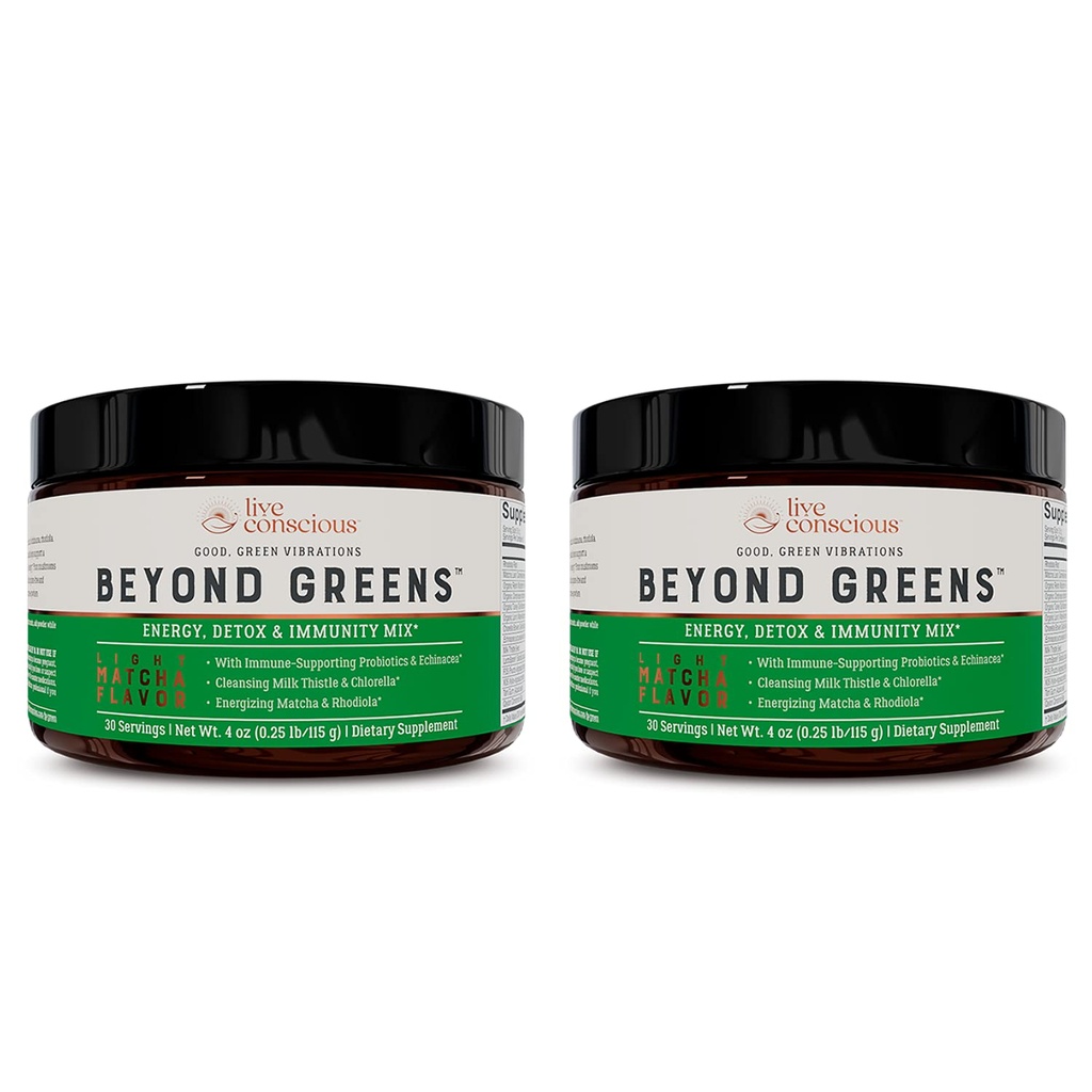 Live Conscious Beyond Greens Concentrated Superfood Powder - Matcha Flavor w/Chlorella, Echinacea, Probióticos para Suporte Imune & Energia - 30 Servings (2-Pack)