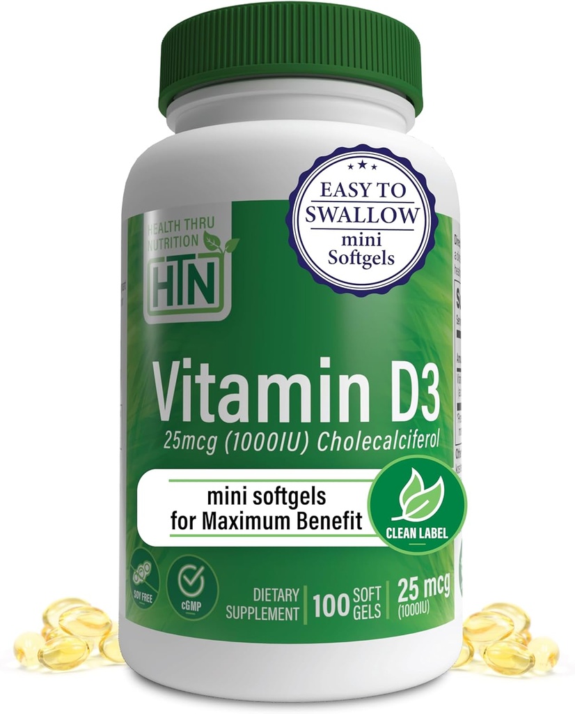 Saúde Thru Nutrition Vitamina D3 1,000iu 100 Mini Softgels para o máximo benefício de 25mcg Colecalciferol 3rd Party Testado Grau em EVOO Orgânico Suporte de Saúde Imune