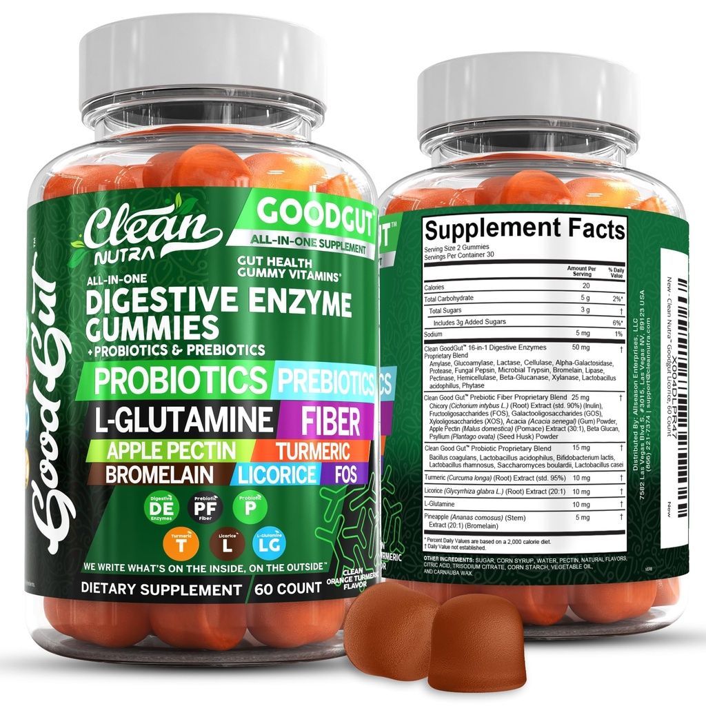 Nutracêuticos Limpos Enzimas Digestivas com Probióticos e Prebióticos para Gummies Saúde Digestiva e L-Glutamina para Gut Saúde Bromelaína Maçã Pectin Inulin FOS planta baseada Vegan Gummy Vitaminas