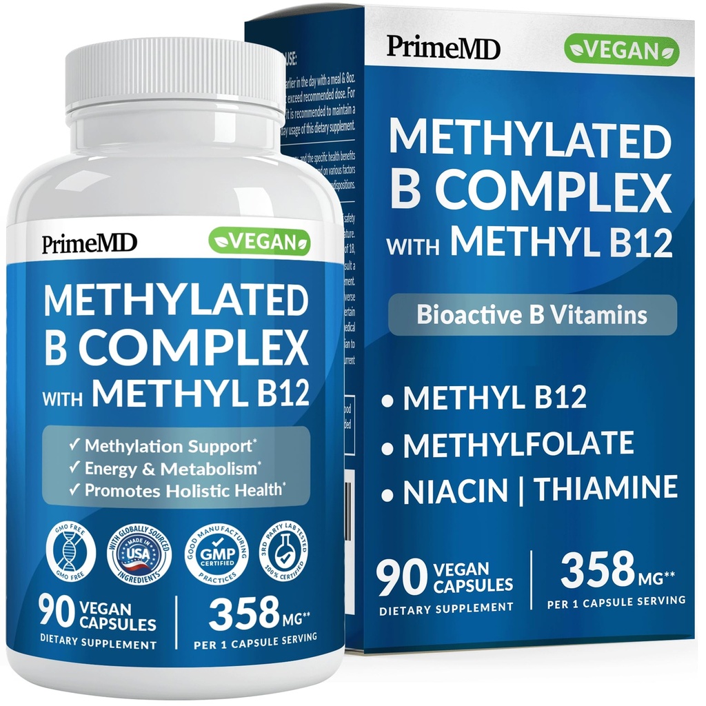Complexo B metilado com metilfolato e B12 Metilcobalamina 1000 mcg - Multivitamina metilada para Energia, Função Cérebro e Bem-Estar - Complexo Vitamina B para Homens e Mulheres (90 Servos) (Pacote de 1)