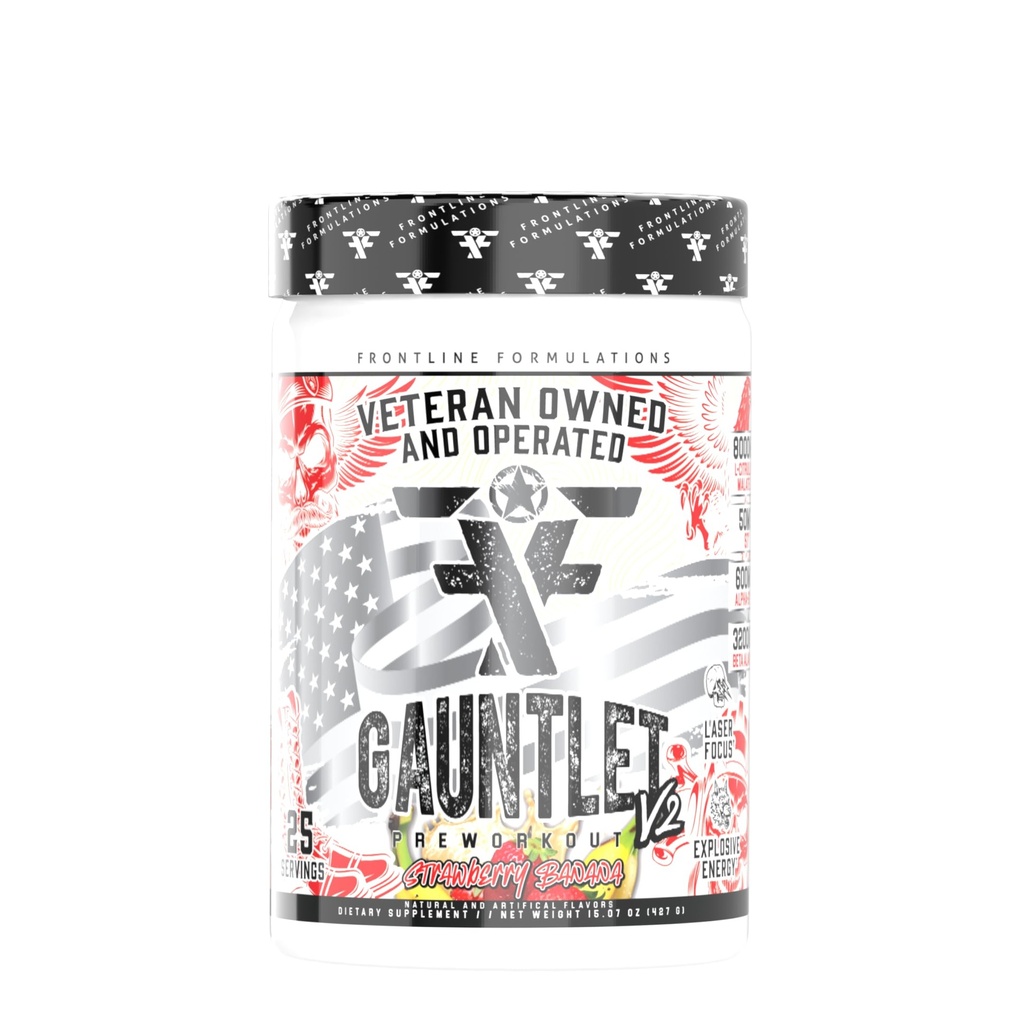 Gauntlet pré-treino em pó, treinos explosivos, Laser Focus, Estim Mid, Flavor surpreendente, Veterano possuído e operado, Embalagem de maio Vary (25 Servings, Strawberry Banana)