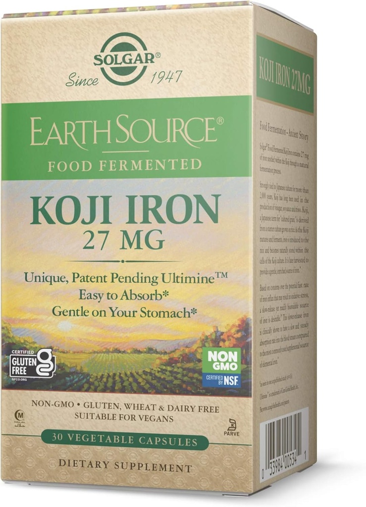 Solgar Terra Fonte de Alimentos Fermentados Koji Ferro 27mg, 30 Cápsulas Vegetais - Maior Absorção, Lento-Release Ferro - Gentil no estômago - Não-GMO, Vegan, Sem glúten, Leite Livre, Kosher - 30 Servings