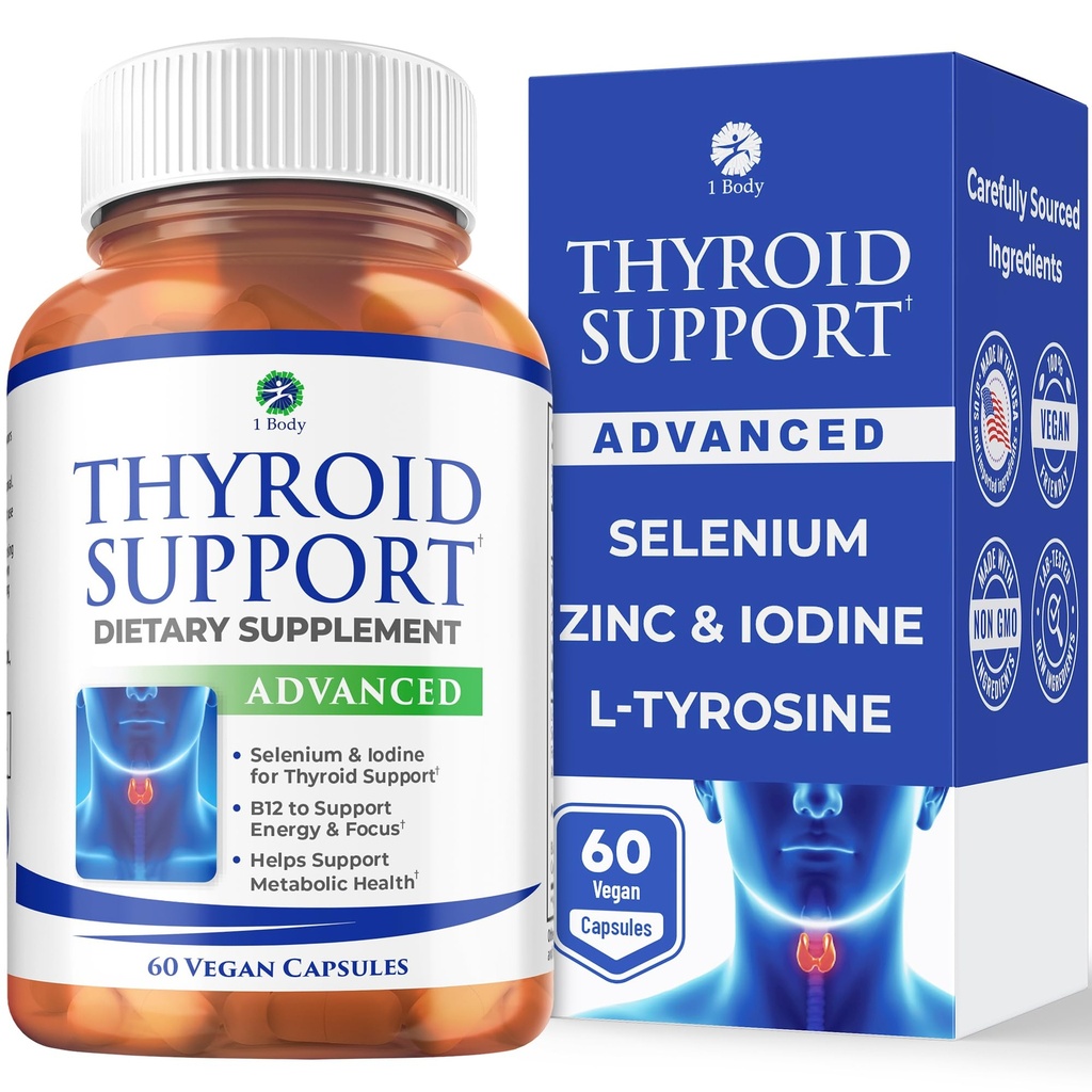 1 Corpo Suplemento de suporte da tireóide para mulheres e homens, Selênio com Iodo, Zinco, B12, Ashwagandha e L-Tirosina, Suporta Hormônio Saúde, Energia e Metabolismo, Fonte de 30 dias