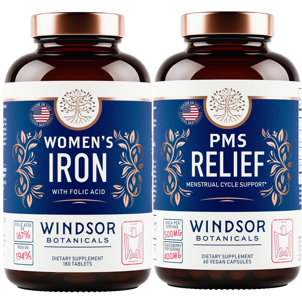 WINDSOR BOTÂNICAS Suplemento de ferro e pacote de alívio de PMS para mulheres