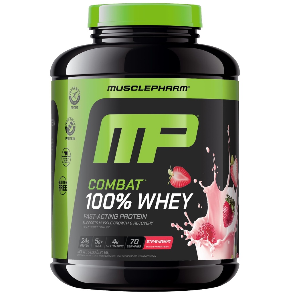 MusclePharm Combat 100% Whey Protein Powder, Strawberry Cream Flavor, Recuperação rápida e ganho muscular com Whey Protein Isolate, High Protein Powder for Women & Men, Gluten Free, 5 lb, 70 Servings