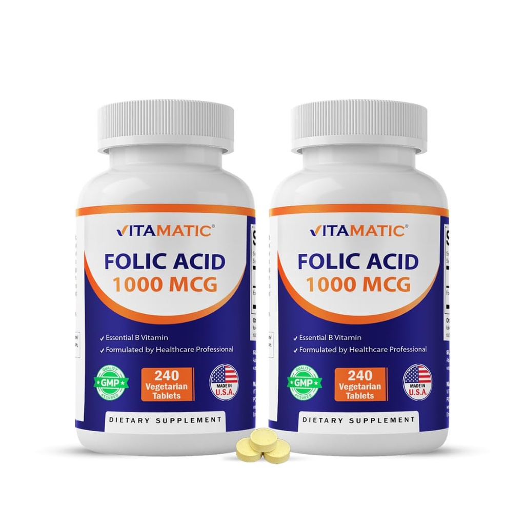 Ácido Fólico Vitamático 1000 mcg (1 mg) – 240 Comprimidos Vegetarianos (Pacote de 2) 1667 mcg DFE – Vitamina B9 para Pré-Natal, Coração e Saúde Celular
