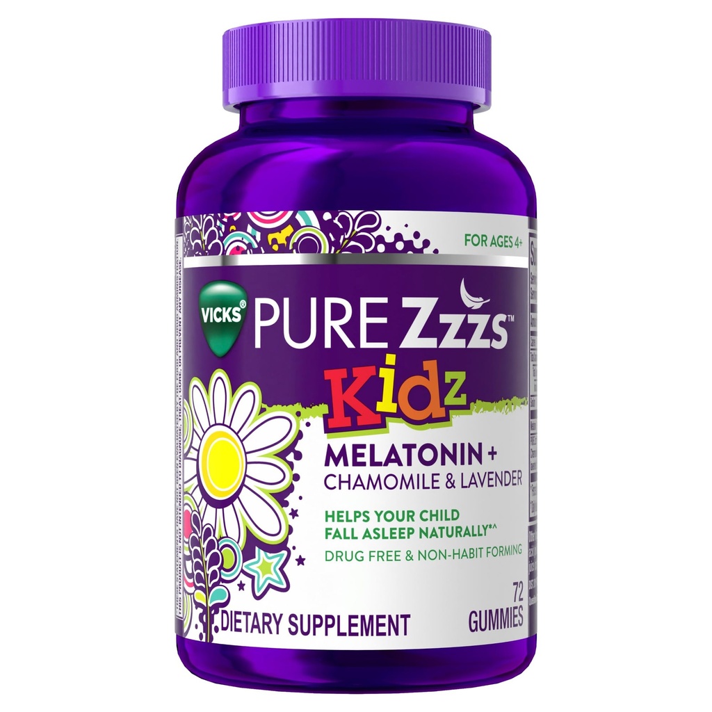 PURE Zzzs Kidz, Gummy de Melatonina para Crianças, Ajuda ao Sono, Baixa Quantidade de Melatonina para Crianças, com Camomila e Lavanda, Melatonina 1 mg, Melatonina Gummies Kids, Berry Flavored, 72 Gummies de Sono