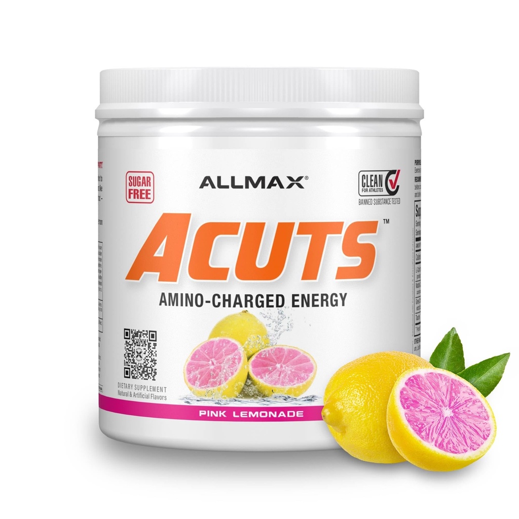 ALLMAX Nutrition AMINOCUTS (ACUTS), Amino-Charged Energy Drink with Taurine, L-Carnitina, Green Coffee Bean Extract, Limonada rosa, 30 Servings