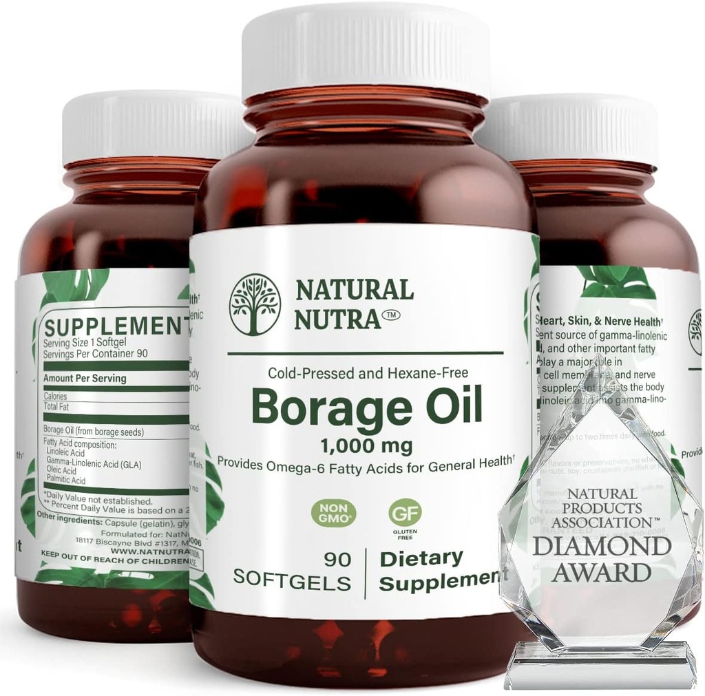 Natural Borage Oil Supplement - rico em ácido gama-linolênico (GLA), um potente Omega-6 ácido gordo essencial conhecido por apoiar a pele, nervos e saúde conjunta 90 Softgels.