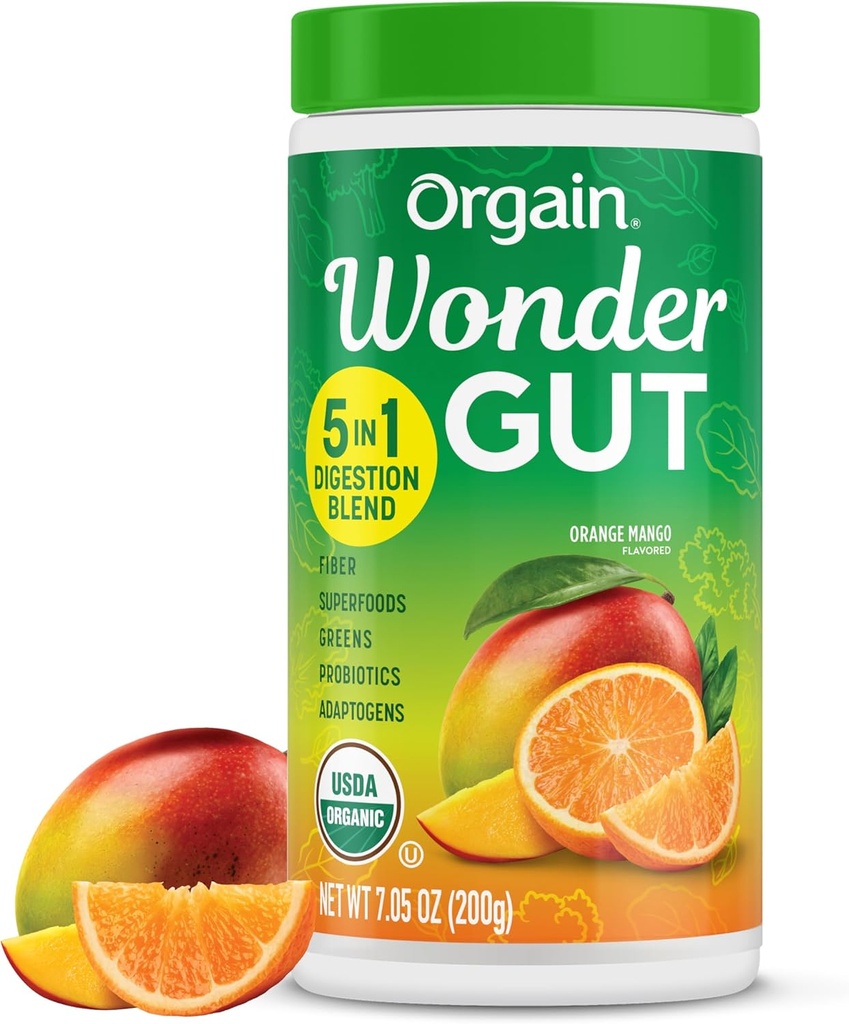 Orgain Organic Wonder Gut Fiber Supplement Powder, 5 em 1 mistura com 1 bilion Probióticos, Verdes, Vitamina C, Adaptogens for Gut Health and Imune Support, Non-GMO, Orange Mango, 7.05 oz