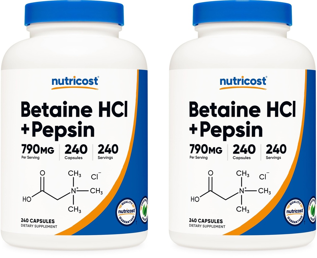 Nutricost Betaine HCl + Pepsin 790mg, 240 cápsulas, 2 frascos (480 cápsulas)