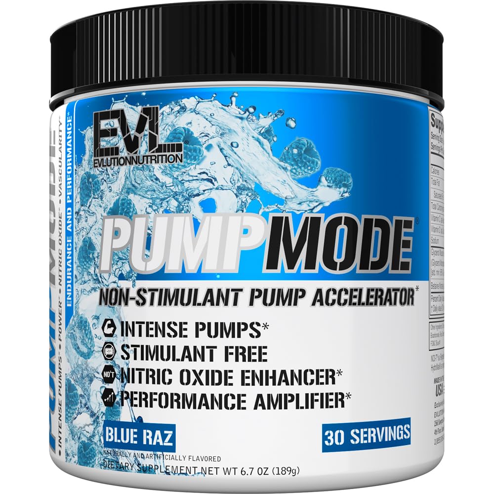 EVL PumpMode Nitric Oxide Supplement - Nitric Oxide Booster Pump Pre Workout Powder com glicerol e betaína para recuperação muscular Crescimento e resistência - Stim bebida pré-treino (Raz azul)