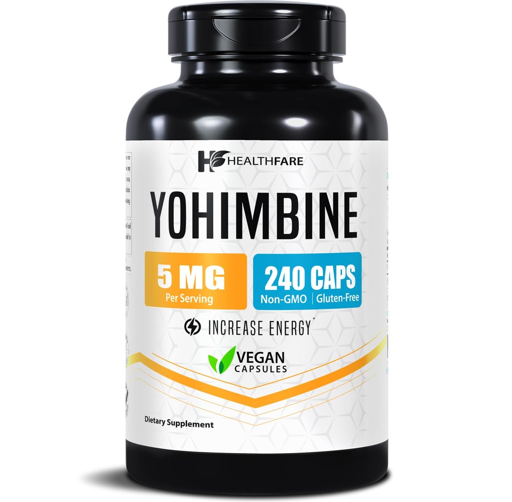Healthfare Yohimbine HCL 5mg 240 Vegan Cápsulas □ Fórmula de força máxima Vegan, Non-GMO, Gluten-Free